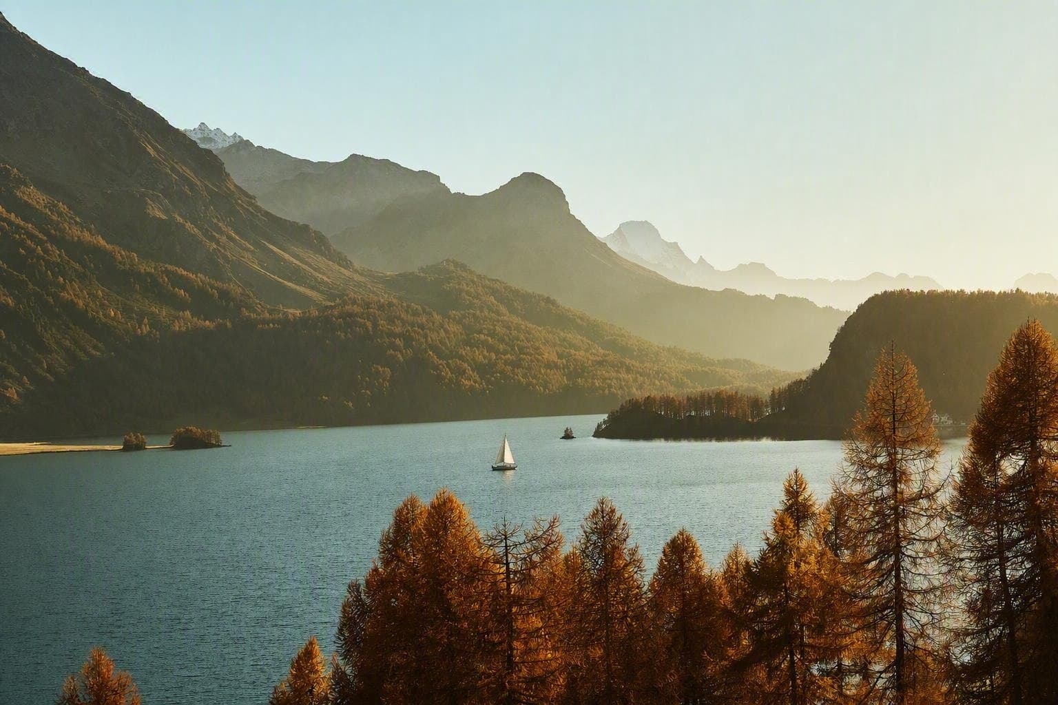 A single sailboat on an alpine Swiss lake at sunset, surrounded by autumn larches and mountains